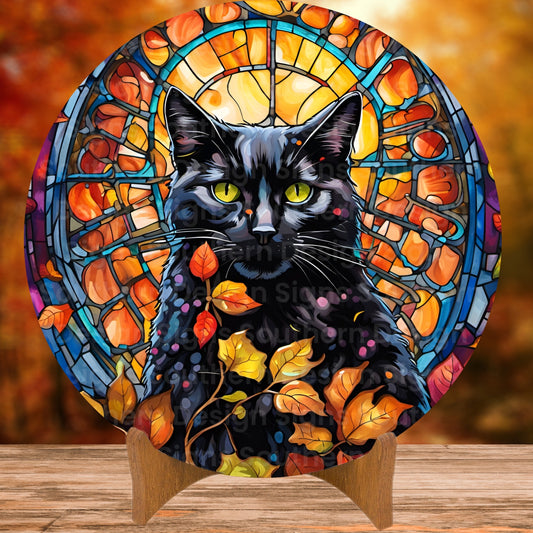Black Cat Stained Glass Fall Wreath Sign