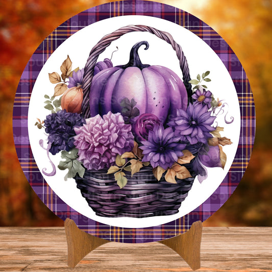 Purple Pumpkin Floral Basket Fall Wreath Sign