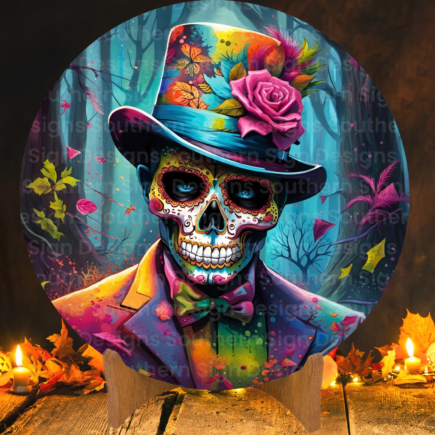 Colorful Sugar Skull with Top Hat Halloween Wreath Sign