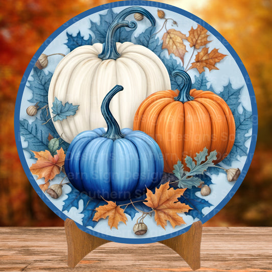 Elegant Blue Pumpkins Fall Wreath Sign