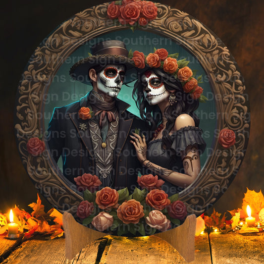 Sugar Skull Couple Halloween Wreath Sign