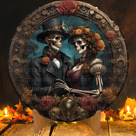 Steampunk Skeleton Couple Halloween Wreath Sign