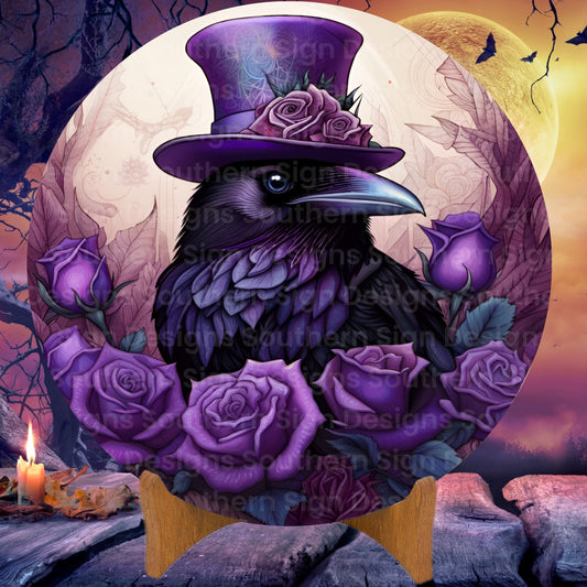 Raven with Purple Top Hat and Purple Roses Halloween Wreath Sign