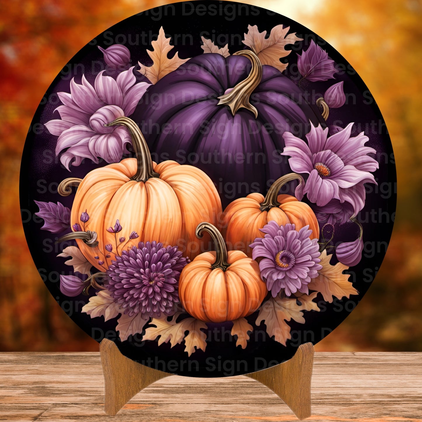 Elegant Purple Pumpkin and Flowers Fall Wreath Sign