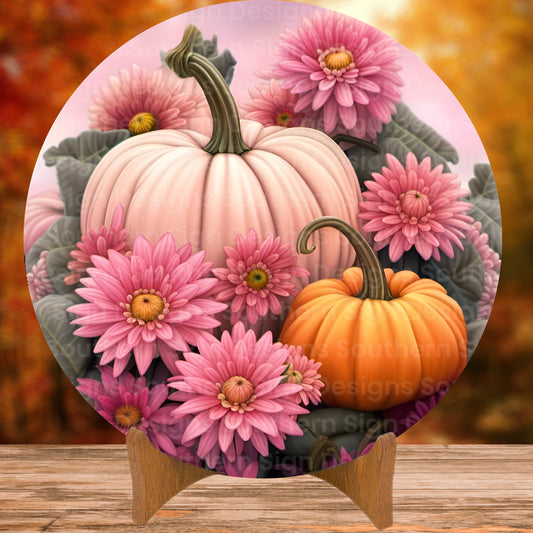 Pretty Pink Pumpkins and Flowers Fall Wreath Sign