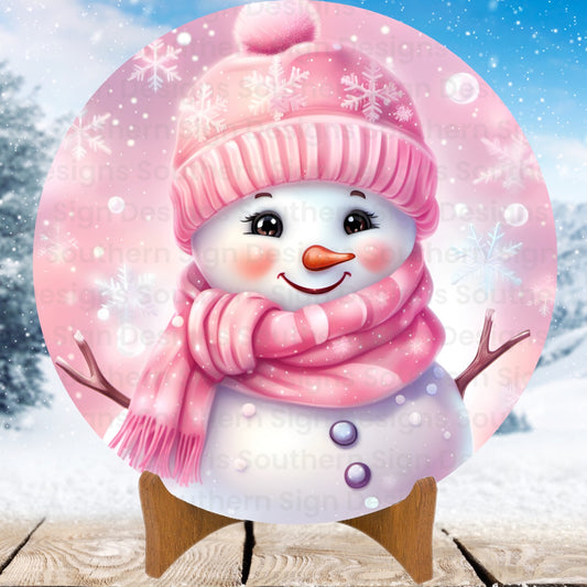 Cute Pink Snowman Snowgirl Winter Wreath Sign