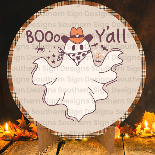 Cute Cowboy Ghost Boo Y'all Halloween Wreath Sign