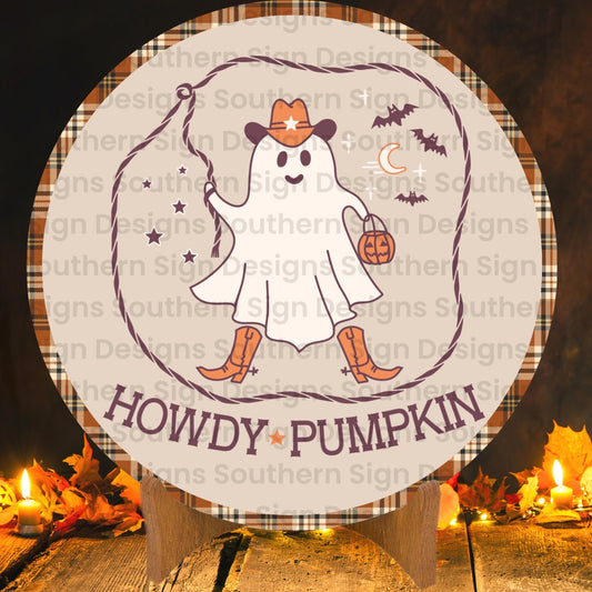 Howdy Pumpkin Cowboy Ghost Halloween Wreath Sign