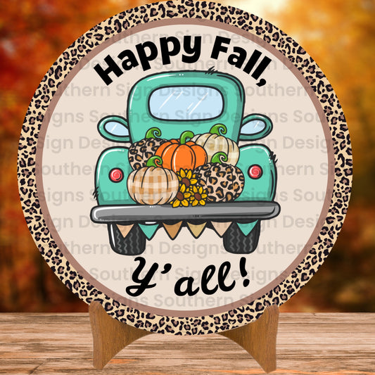 Teal Vintage Truck with Leopard Print Pumpkins Fall Wreath Sign