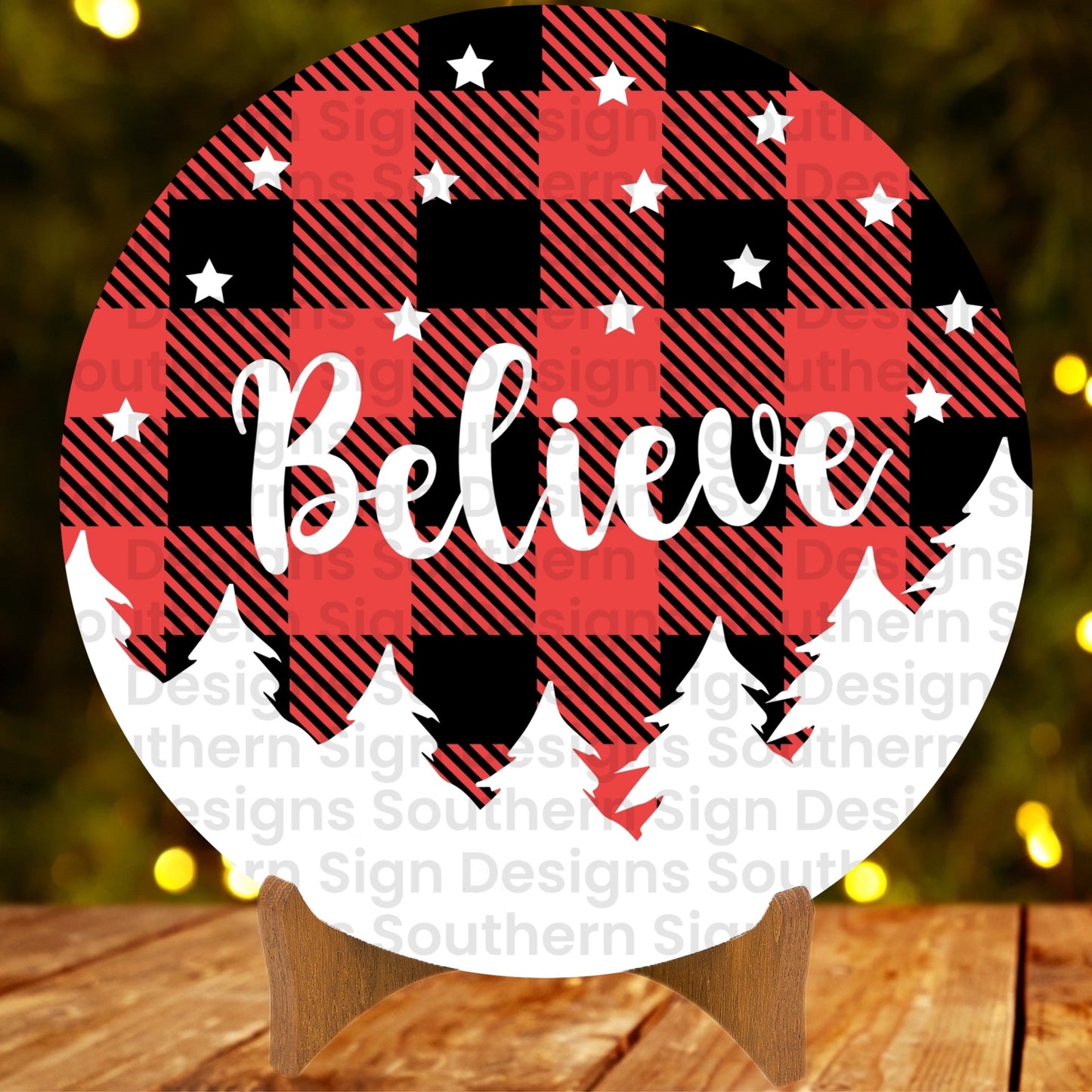 Red and Black Buffalo Plaid 'Believe' Christmas Wreath Sign