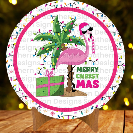 Whimsical Flamingo Christmas Wreath Sign