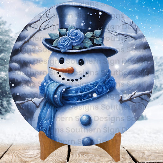 Dapper Blue Snowman Winter Wreath Sign