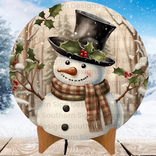 Snowman with Plaid Scarf Winter Wreath Sign