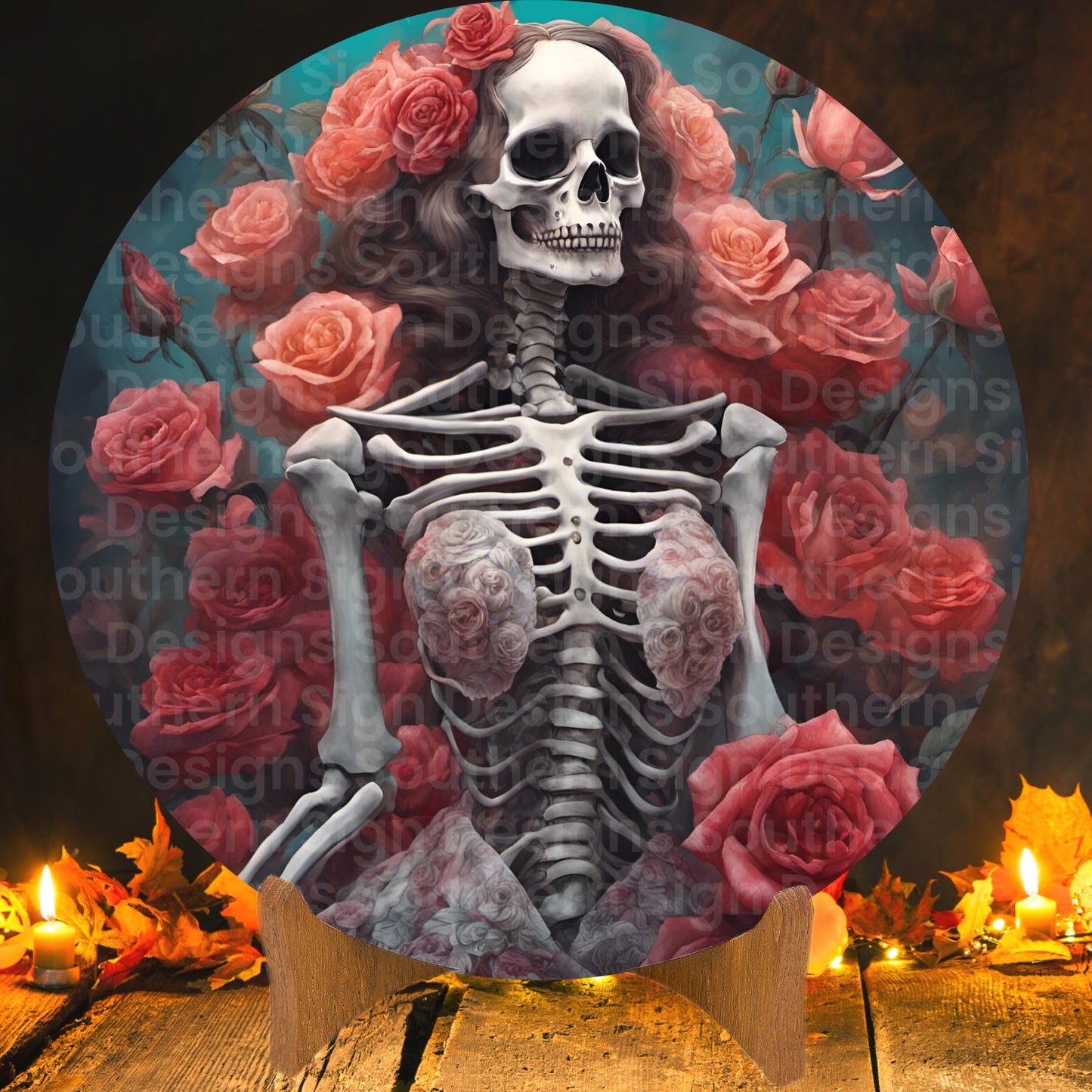 Elegant Skeleton Lady in Rose Garden Halloween Wreath Sign