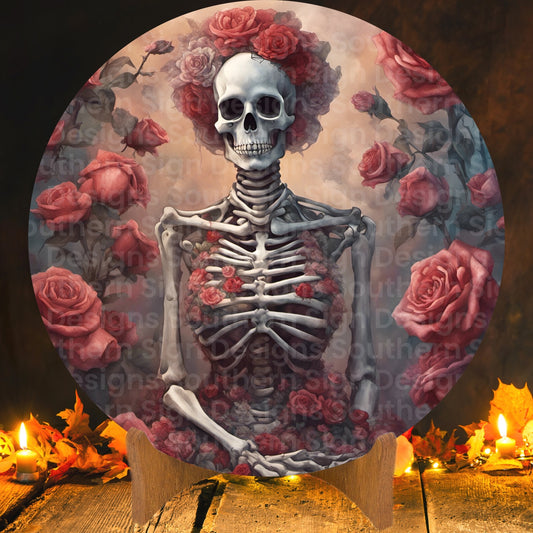 Skeleton Lady in Rose Garden Halloween Wreath Sign