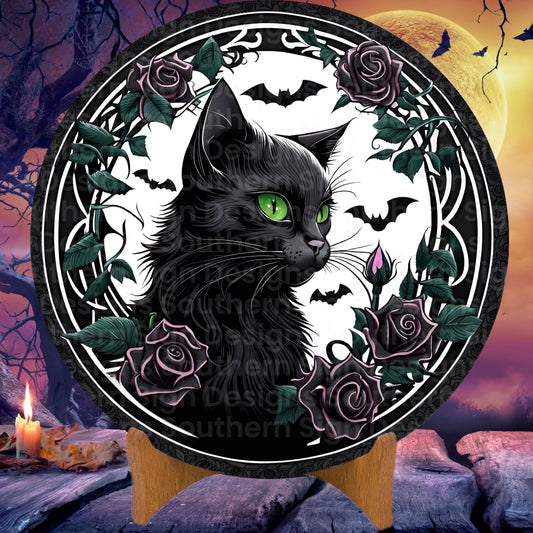Gothic Black Cat and Roses Halloween Wreath Sign