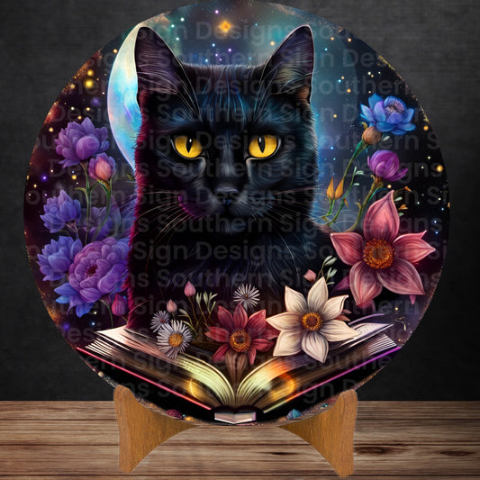 Wise Black Cat Scholar Cat Wreath Sign