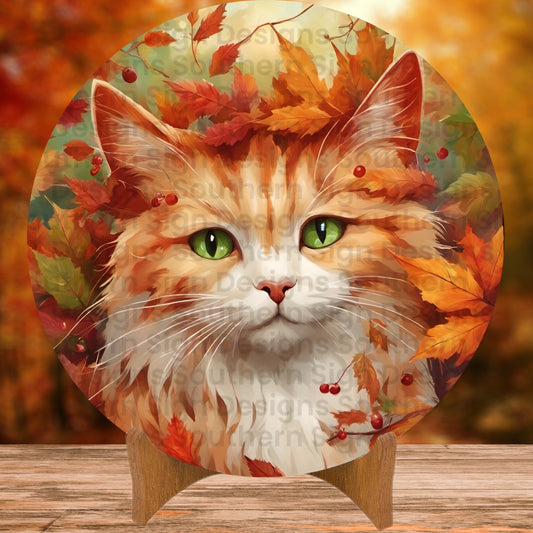 Orange Cat in Fall Leaves Cat Wreath Sign
