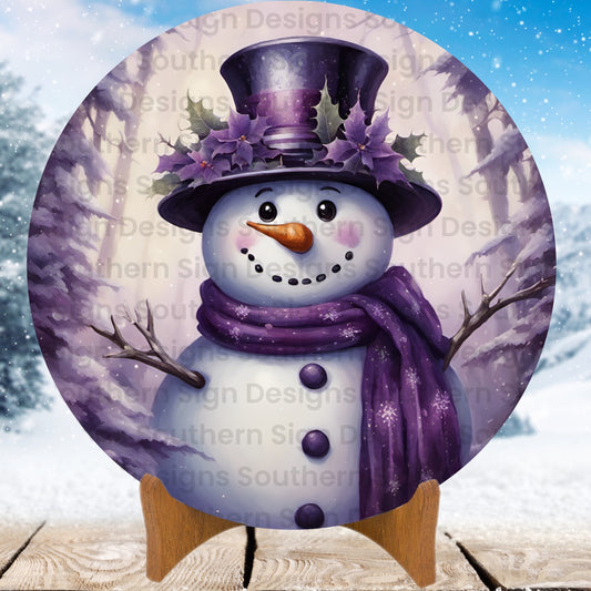 Joyful Snowman with Purple Top Hat Winter Wreath Sign
