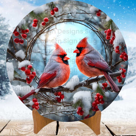 Beautiful Cardinal Winter Wreath Sign
