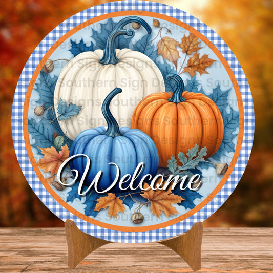Elegant Fall Pumpkins with Blue Check Border Fall Wreath Sign