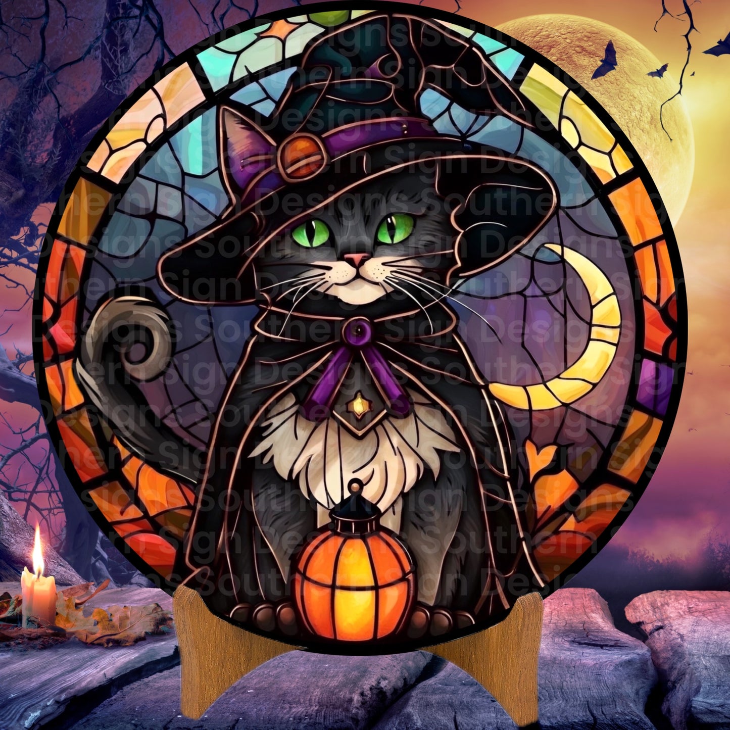 Stained Glass Black Cat Halloween Wreath Sign – Southern Sign Designs