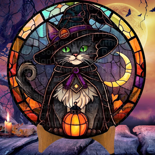 Stained Glass Black Cat Halloween Wreath Sign