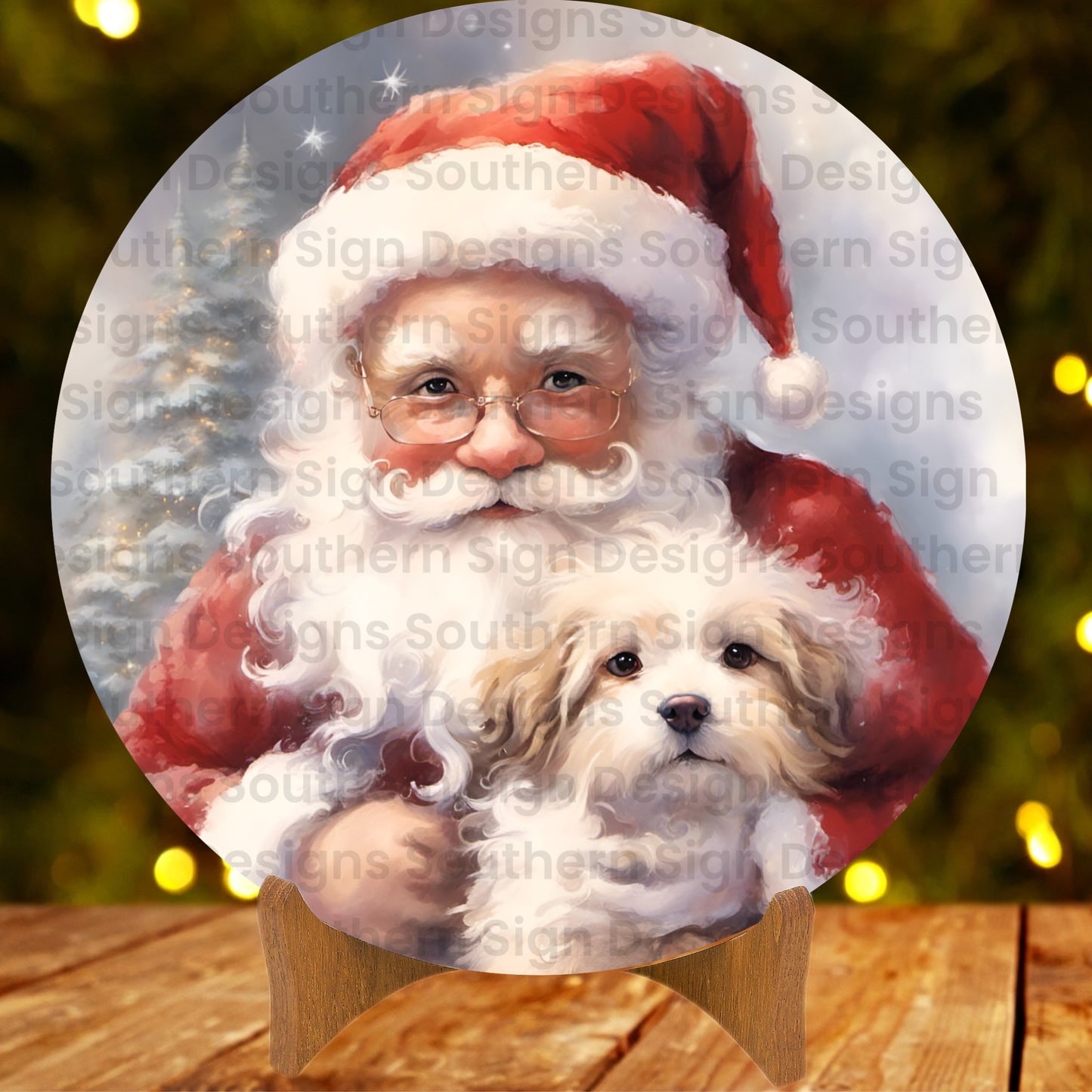 Santa Holding a Puppy Christmas Wreath Sign