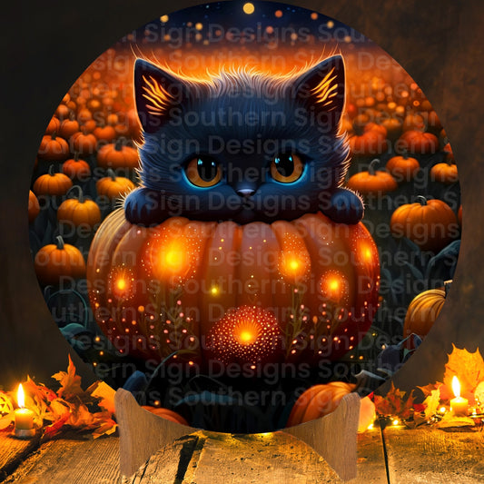 Black Kitten in Pumpkin Halloween Wreath Sign