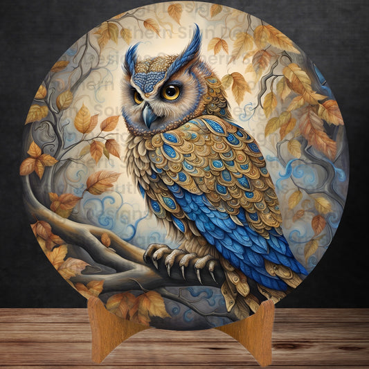 Elegant Blue and Gold Owl Wreath Sign